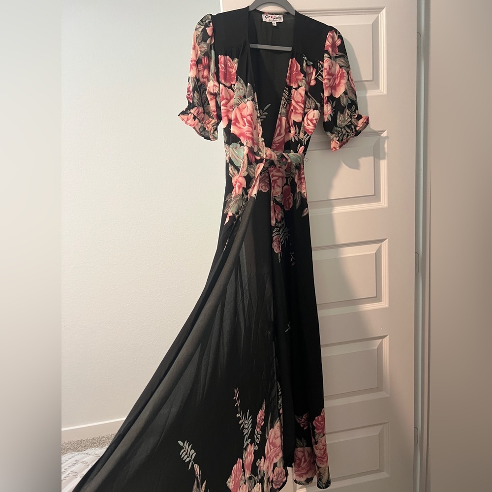 Get Lucky black with pink floral wrap around dress - Picture 4 of 4